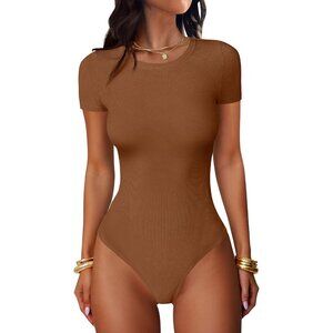 Women's Tee Shirts Bodysuits Light Brown Short Sleeve Crew Neck Slim Casual Tops